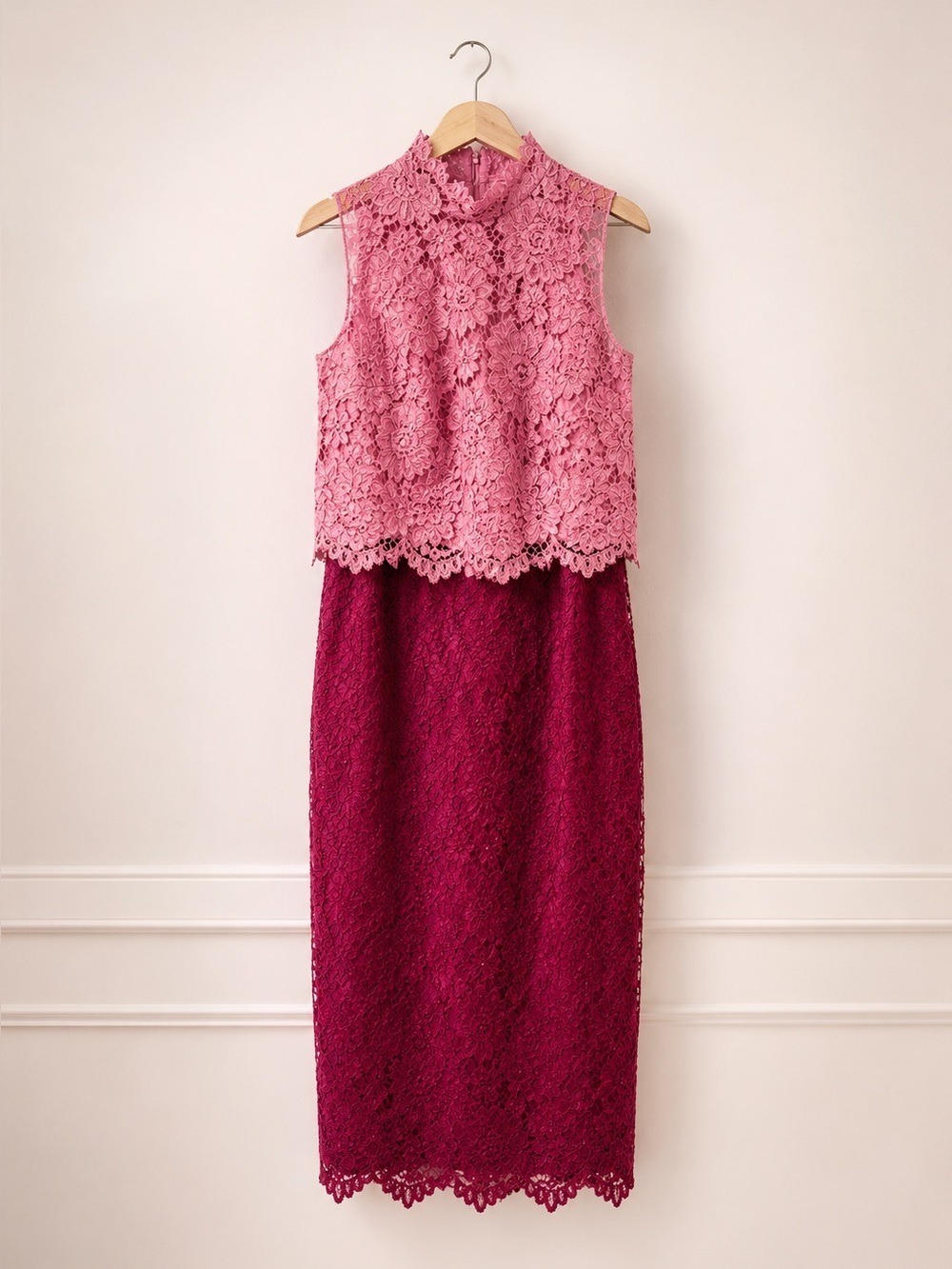 Monique Lhuillier Pink Red Colorblock High Neck Lace Midi Dress Size 0 - Picture 1 of 5